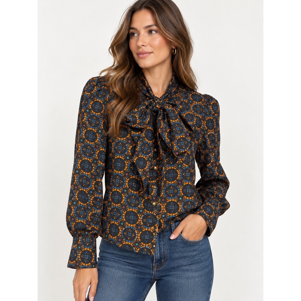 Tracy Reese Blouse Womens Small Black Medallion Bow Tie Dark Academia Goth